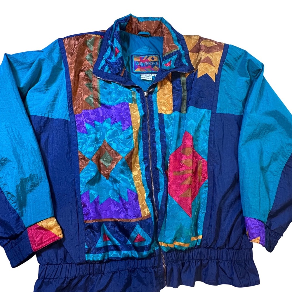 Vintage Winterset Colorblock Windbreaker Jacket Geometric 80s 90s Teal Blue L